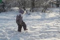 Baby step against snow forest winter oudoors