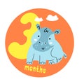 Baby sticker icon with cute little hippo animal for three months old baby. Vector illustration in cartoon scandinavian Royalty Free Stock Photo