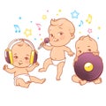 Cute little babies in diaper. Happy children listen music. Royalty Free Stock Photo