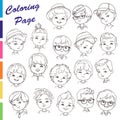 Coloring page. Collection of young boys portraits with different hairstyles