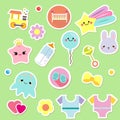 Baby Stickers. Kids, Children Design Elements For Scrapbook. Decorative Vector Icons With Toys, Clothes, Sun And Other Cute Newbor