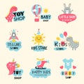 Baby store. Kids shop labels collection clothes and toys for children recent vector ads logotypes templates collection
