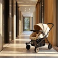 baby stroller next to the front door ready to go for a walk on a summer day Royalty Free Stock Photo