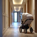 baby stroller next to the front door ready to go for a walk on a summer day