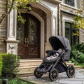 baby stroller next to the front door ready to go for a walk on a summer day Royalty Free Stock Photo