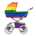 Baby stroller with rainbow gay flag. LGBT adoption concept,3D rendering