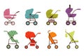 Baby stroller set, different types of kids transport, colorful vector Illustrations Royalty Free Stock Photo