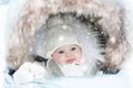 Baby in stroller in winter snow. Kid in pram