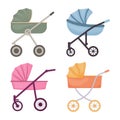 Baby strollers. A set of baby strollers. Strollers for newborns of different colors. Vintage strollers. Vector