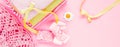 things, staff, accessories for newborn baby on pink background