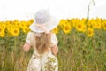 Baby in sunflowers. little girl on the field with flowers.