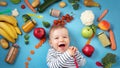 Baby surrounded with fruits and vegetables