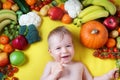 Baby surrounded with fruits and vegetables Royalty Free Stock Photo