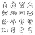 Baby symbol icon set vector illustration. Contains such icon as Baby accessories, Infant, Toy, Stroller, Diapers, pyjamas and more