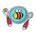 Baby tableware - plate, spoon and fork - bright vector children