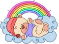 Baby teddy bear lying on clouds with rainbow