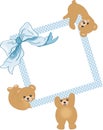 Baby teddy bears holding blue frame and ribbon