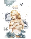 Baby In A Tender Embrace Of Mother, Blonde. Mother's day, Infant, Motherhood, Love, Innocence Hand drawn watercolor