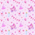 Baby things seamless pattern.Newborn girl attributes.