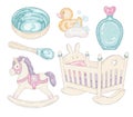 Baby things set. children`s bed, toys, dishes. kids wooden bed, plate, spoon, bowl, rocking horse, unicorn, rubber duck