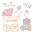 Baby things set. Kids` things for newborn. toys, clothes and baby carriage. teddy bear, kids bed, milk bottle, booties, pacifier, Royalty Free Stock Photo