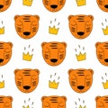 Baby tiger with crown seamless pattern. Child drawing style wild animal background.