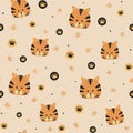 Baby tiger head seamless pattern background in childish cute hand-drawn style. Royalty Free Stock Photo