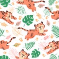 Baby tiger seamless pattern. Cute childish cartoon tigers, paw prints and tropical leaves. Jungle animal, wild cats