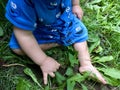 Baby toddler boy girl playing on the healthy bright green grass Royalty Free Stock Photo