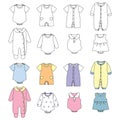 Baby and Toddler Romper suits in white and color illustration vector