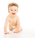 Baby with tousled hairs, active boy in diaper Royalty Free Stock Photo