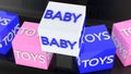 Baby and toy concept on cubes in blue and pink on black background Royalty Free Stock Photo