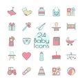 Baby, toy, feed and care24 colorful ready to use isolated icons on white background. Royalty Free Stock Photo