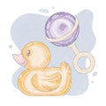 Baby toy, purple rattle and yellow rubber duck with sparkles for toddler. child`s plaything with glitter