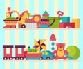 Baby toy shop shelf in flat cartoon style. Kids game teddy bear, pyramid, doll. Children fun and activity play colorful Royalty Free Stock Photo