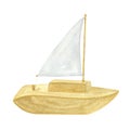 Baby toy wooden boat white sail for kid game. Funny sailboat for little boy. Hand drawn watercolor illustration isolated Royalty Free Stock Photo