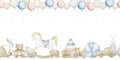 Baby Toys with balloons Border. Watercolor seamless Pattern for Wallpaper. Hand drawn Childish frame with rocking horse Royalty Free Stock Photo