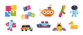 Baby toys. Cartoon kid submarine car spaceship boat and plane transport, puzzle constructor and bath duck. Vector