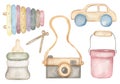 Baby Toys Clipart set, Watercolor Kids camera, bucket, wooden car, baby bottle and xylafon illustration, Vintage Nursery Eco toys Royalty Free Stock Photo