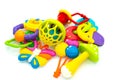 Baby toys collection, tooth toys, rattles isolated on white background Royalty Free Stock Photo