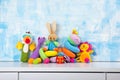 Set of colorful Kids toys frame. Copy space for text