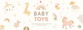 Baby toys horizontal web banner. Kids rainbow, bottle, teddy bear, crescent moon, unicorn, bodysuit and other newborn elements.