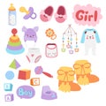 Baby toys icons cartoon family kid toyshop design cute boy and girl childhood art diaper drawing graphic love rattle fun Royalty Free Stock Photo