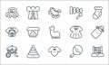 baby and toys line icons. linear set. quality vector line set such as abacus, pijama, mobile toy, rattle, pyramid, t shirt, baby