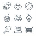 baby and toys line icons. linear set. quality vector line set such as cradle, abacus, rattle, baby girl, car toy, baby monitor, Royalty Free Stock Photo