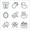 baby and toys line icons. linear set. quality vector line set such as crayons, pijama, sleeping, boat toy, milk bottle, bib, duck