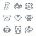 baby and toys line icons. linear set. quality vector line set such as baby feeding, teddy bear, drink toy, t shirt, pijama, dough