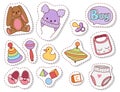 Baby toys patches cartoon family kid toyshop design cute boy and girl childhood art diaper drawing graphic love rattle Royalty Free Stock Photo