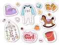 Baby toys patches cartoon family kid toyshop design cute boy and girl childhood art diaper drawing graphic love rattle Royalty Free Stock Photo