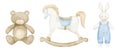 Baby Toys set. Hand drawn watercolor illustration of rocking horse and teddy bear. Drawing of bunny in pastel blue and